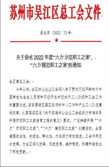 江苏海岸药业获评吴江区2022年度“六力”模范职工之家